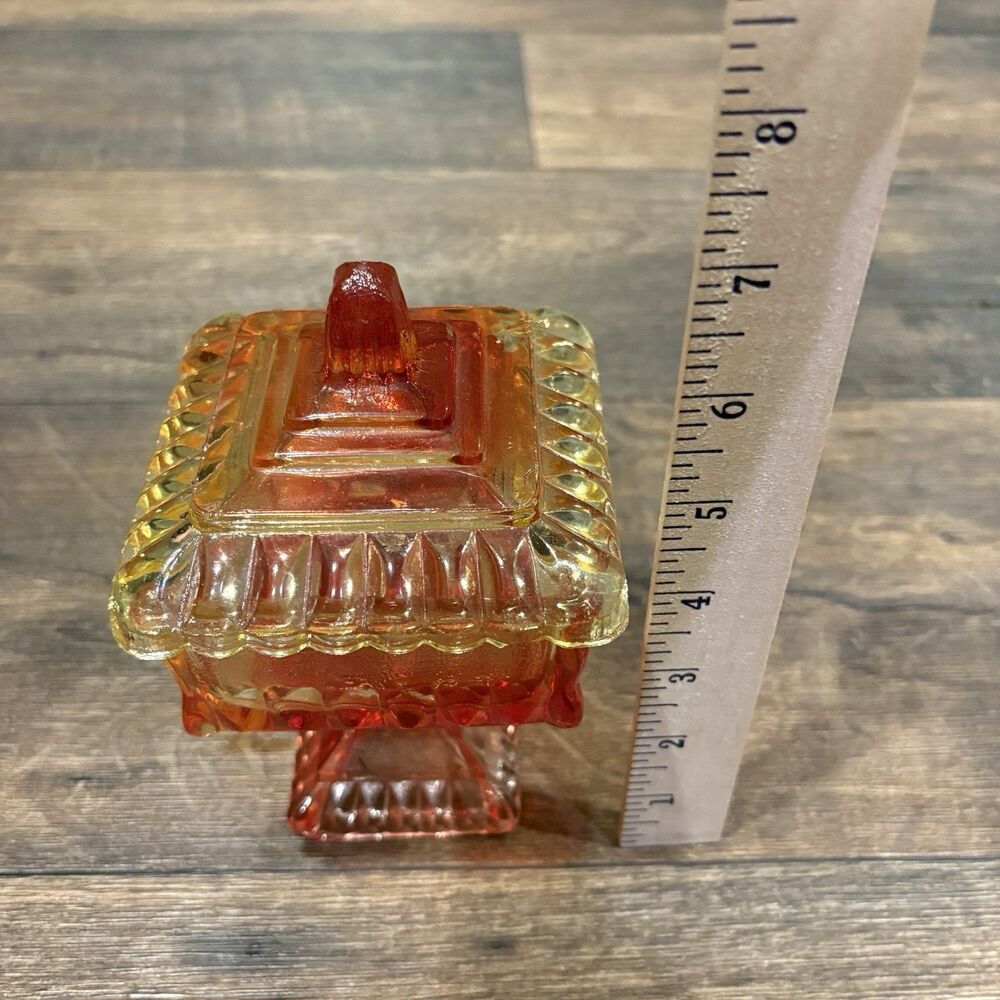Vintage Amberina Glass Covered Pedestal Square Wedding Box Candy / Trinket Dish - Picture 8 of 8